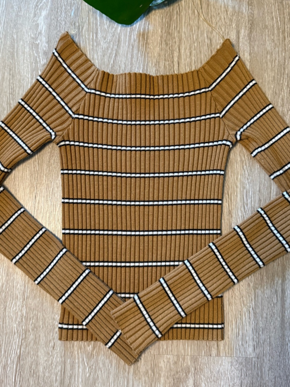Brown Ribbed Off Shoulder Striped Long Sleeve Top Size M
